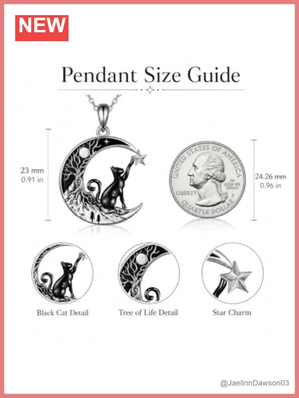Crescent Moon Black Cat Pendant Necklace Tree of Life Gothic Jewelry Gift - Picture 4 of 6